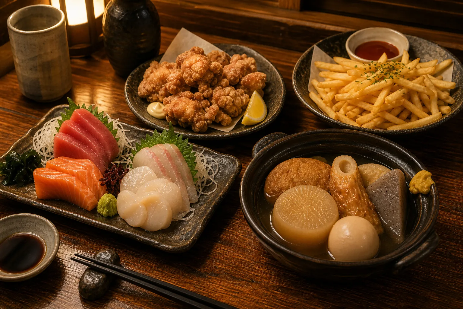 刺身、鶏の唐揚げ、ポテトフライ、おでんの居酒屋料理イメージ