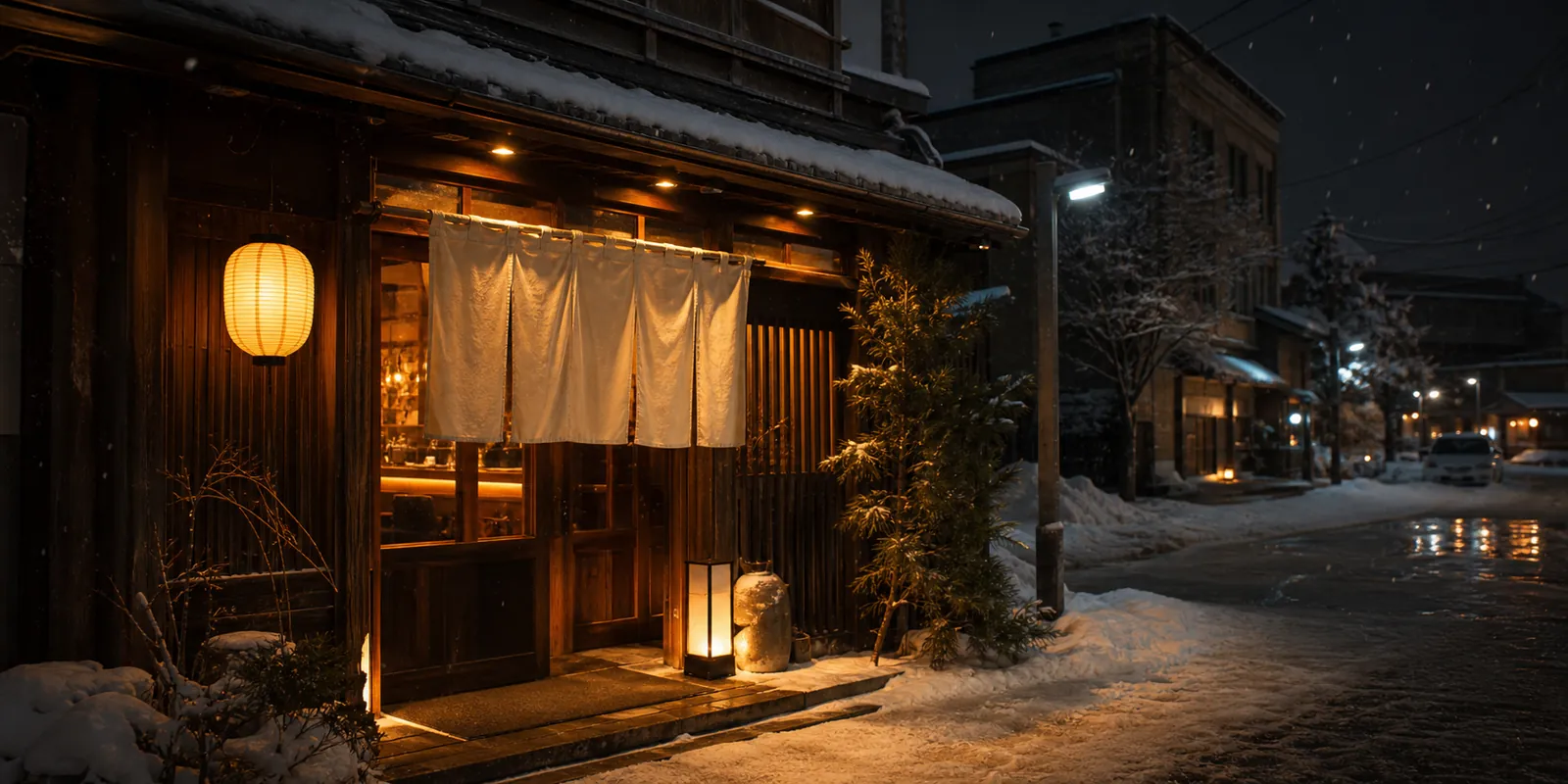 雪の夜に灯りがともる和風居酒屋の外観イメージ